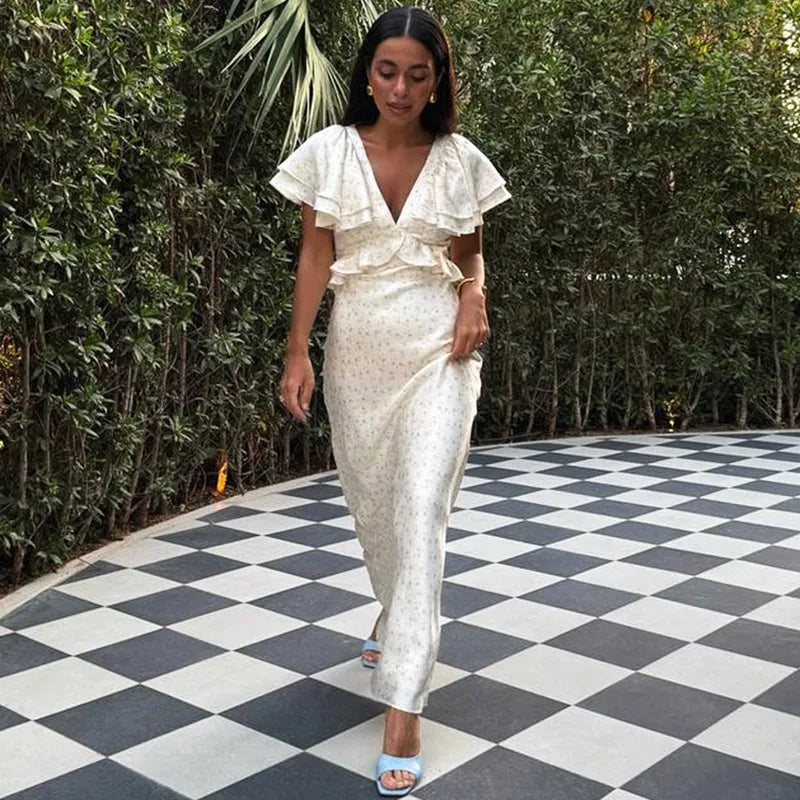 Glorol - Printed V-Neck Sleeveless High Waisted Maxi Dress