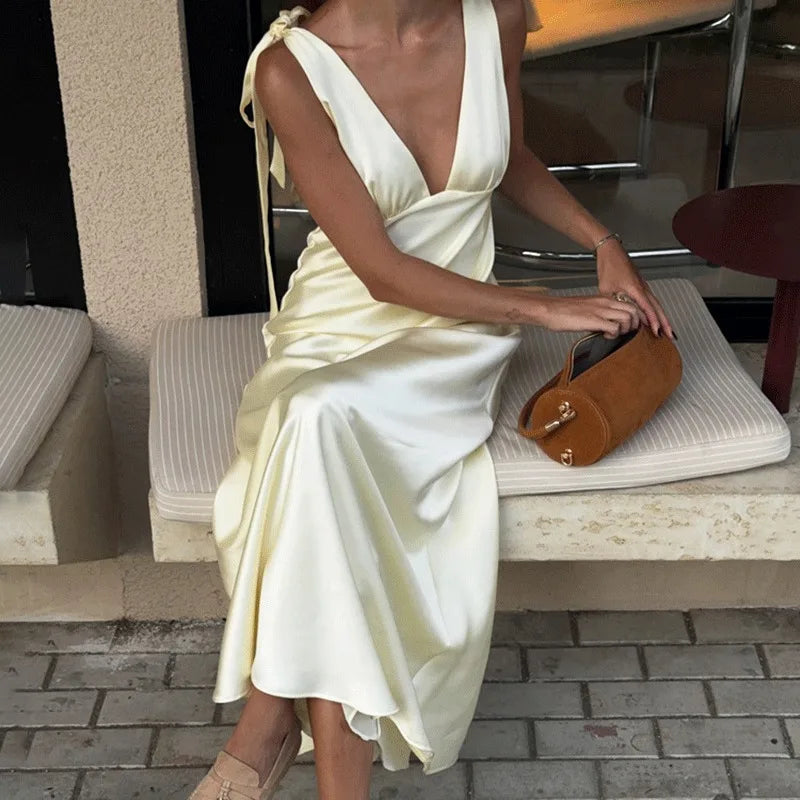 Glorol - Elegant Lace-Up Backless High Waist Sleeveless Maxi Dress