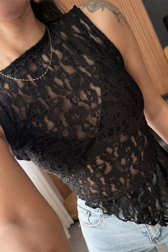 Glorol - Lace Printed See-Through Sleeveless Patchwork Top