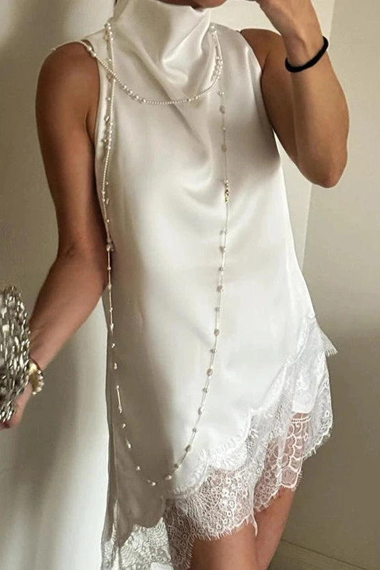 Glorol - Lace High-Neck Sleeveless Loose Irregular Top