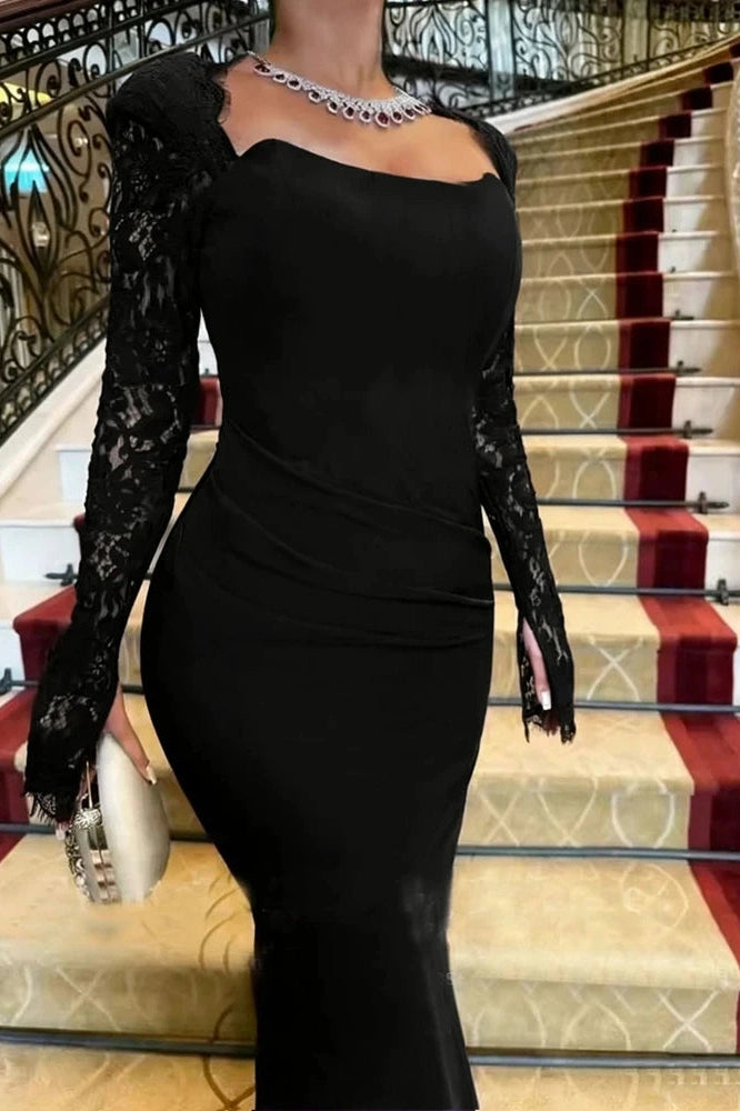 Glorol - Long Sleeve Pleated Bodycon Square Collar Lace Slim Maxi Dress