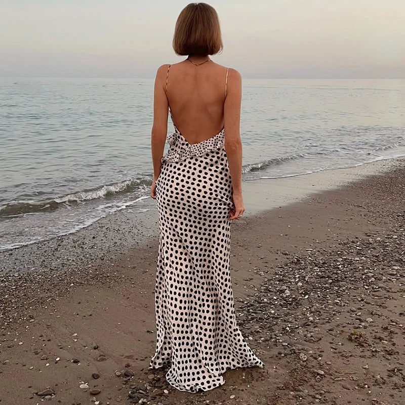Glorol - Polka Dots V-Neck Backless Printed Maxi Dress