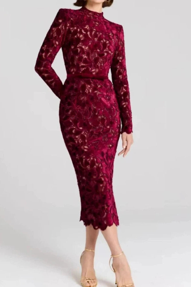 Glorol - Hollow Out Lace Embroidery Long Sleeve High Waist Midi Dress