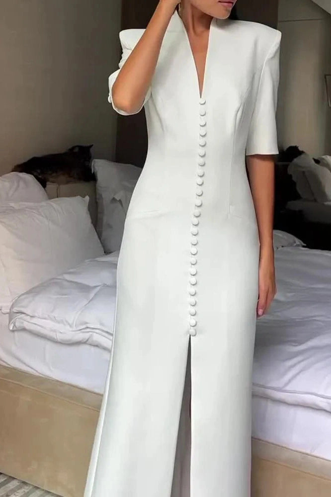 Glorol - Slim Half Sleeve High Waist Split V-Neck Single Breasted Maxi Dress