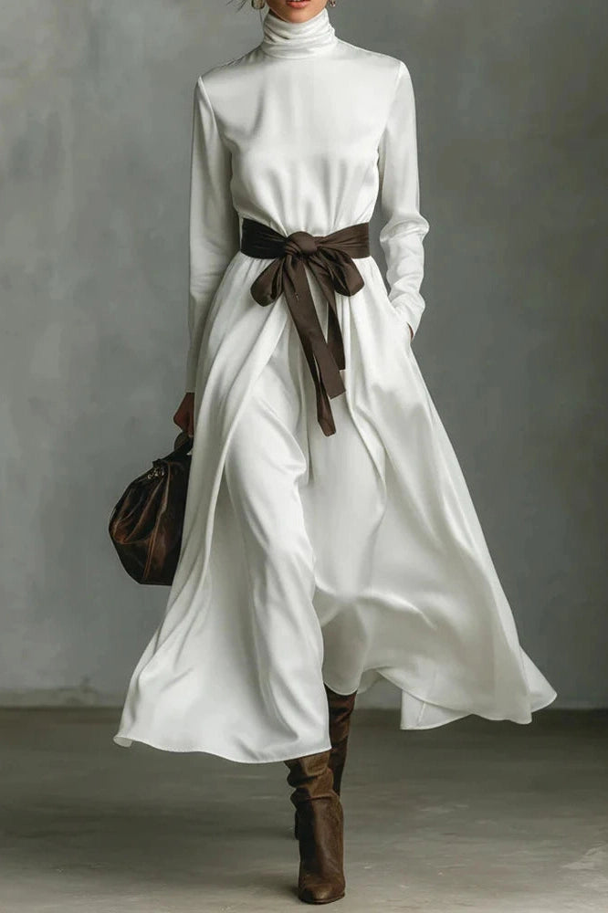 Glorol - Elegant Lace Up Pleated Turtleneck Long Sleeve Maxi Dress