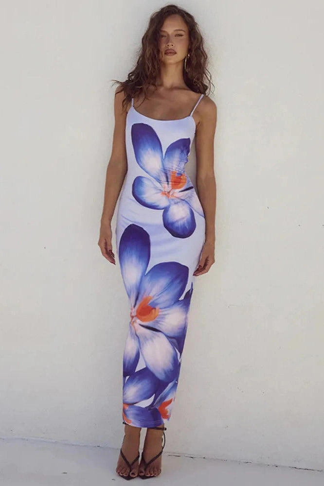 Glorol - Print Spaghetti Strap Sleeveless Backless Midi Dress