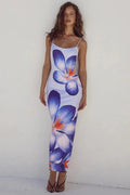 Glorol - Print Spaghetti Strap Sleeveless Backless Midi Dress