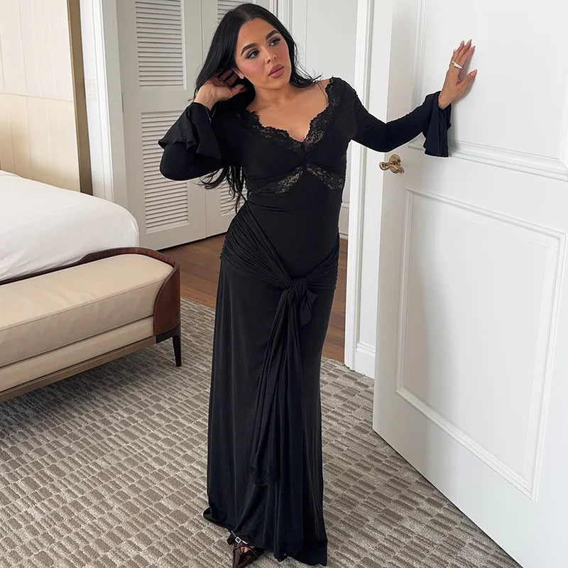 Glorol - Elegant Hollow Out V-Neck Patchwork Maxi Dress