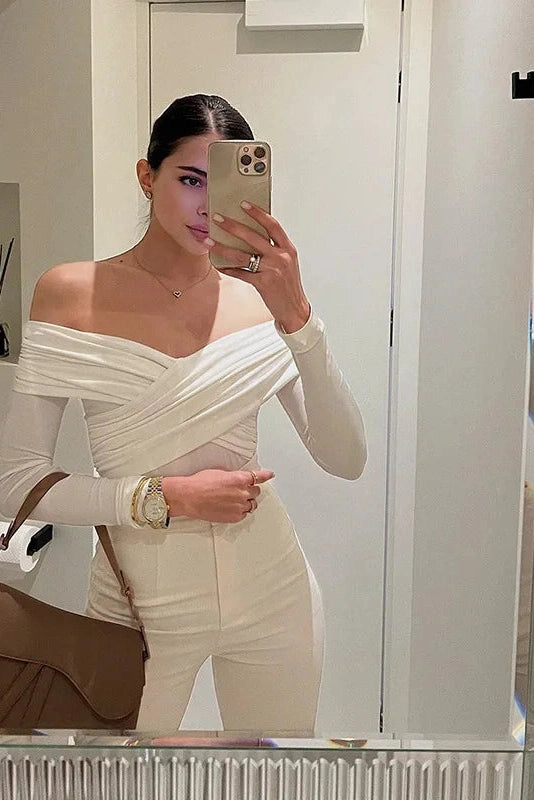 Glorol - Off-Shoulder Long Sleeve Cross Pleated Jumpsuit