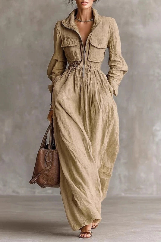 Glorol - Elegant Pleated High Waist Long Sleeve Zipper Maxi Dress