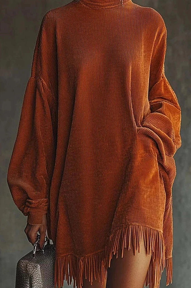 Glorol - Elegant High Waist Long Sleeve High Collar Loose Mini Dress