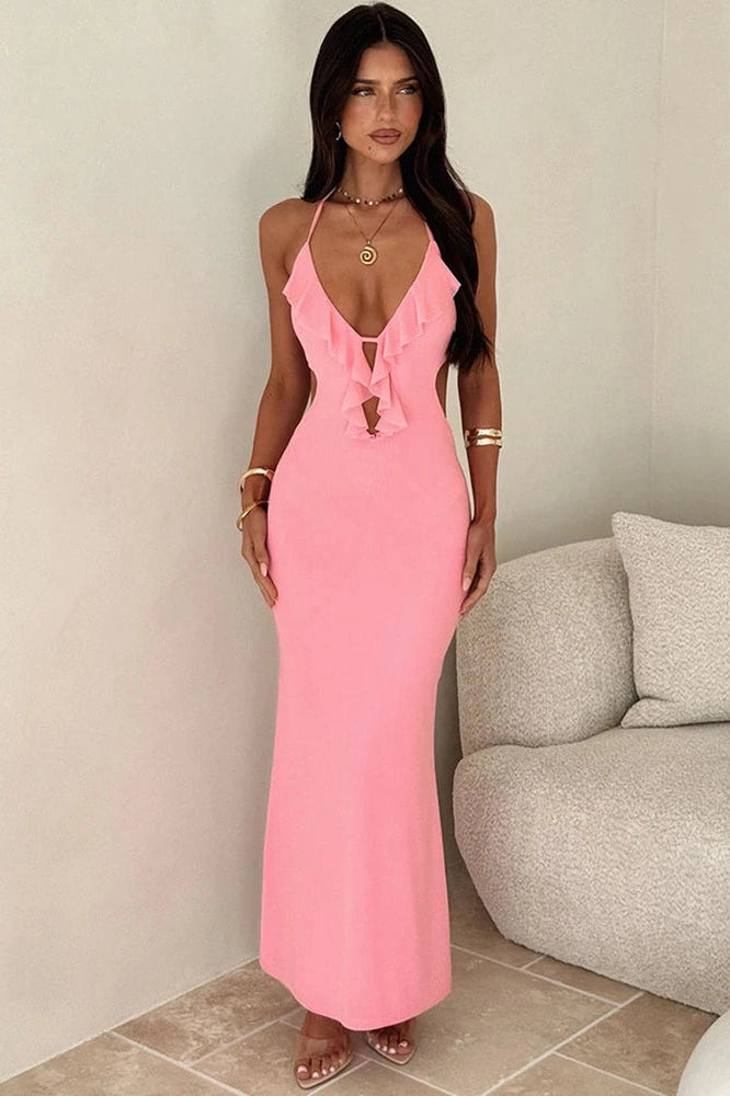 Glorol - Hollow Out Backless Off-Shoulder V Neck Sleeveless Bodycon Maxi Dress