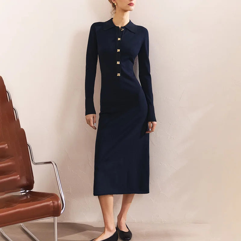 Glorol - Button Lapel Collar High Waisted Long Sleeve Midi Dress