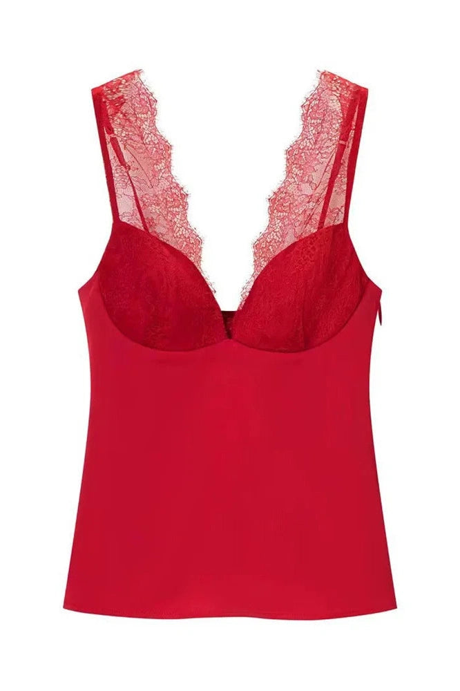Glorol - Lace V-Neck Backless Patchwork Sleeveless Top