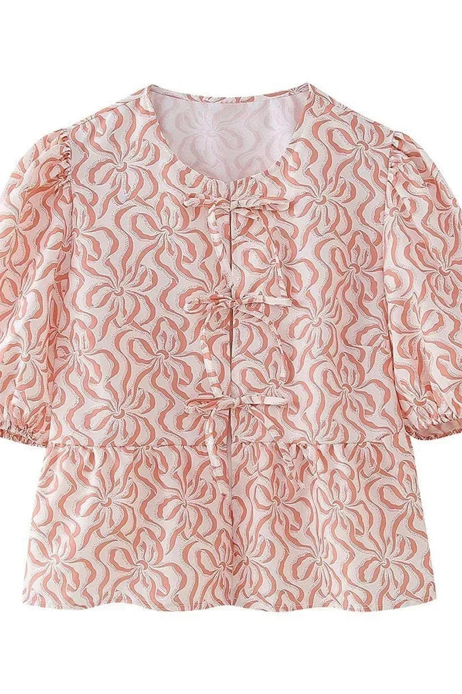 Glorol - Hollow Out Printed Short Sleeve Lace-Up Slim Top