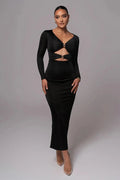 Glorol - Long Sleeve V Neck Back Split Bodycon Maxi Dress