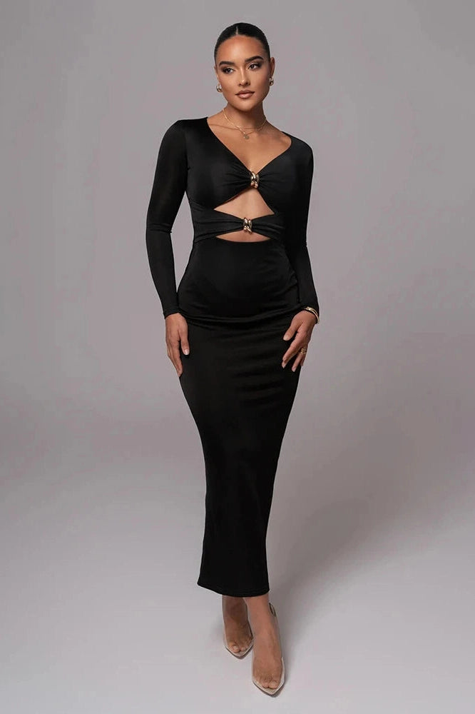 Glorol - Long Sleeve V Neck Back Split Bodycon Maxi Dress