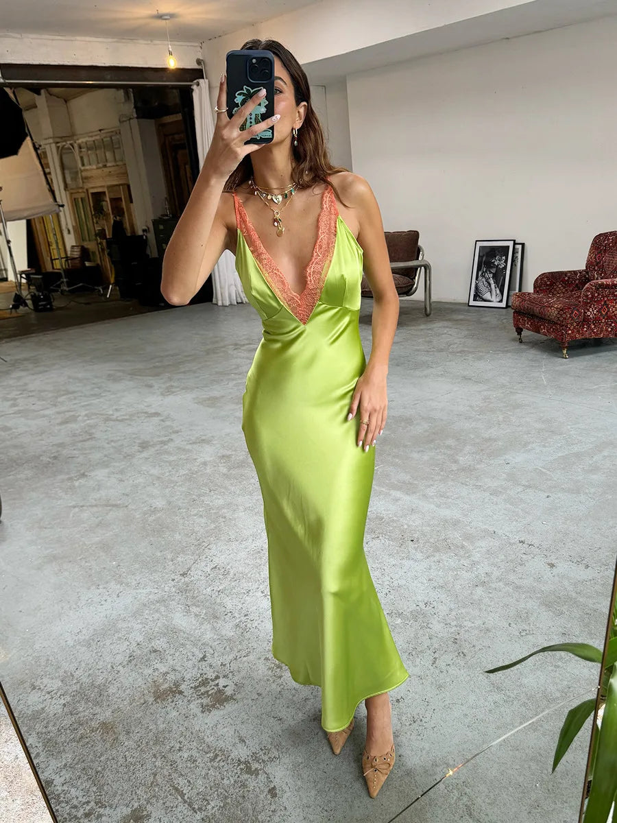 Glorol - Lace Spaghetti Strap Deep V Neck Bodycon Maxi Dress