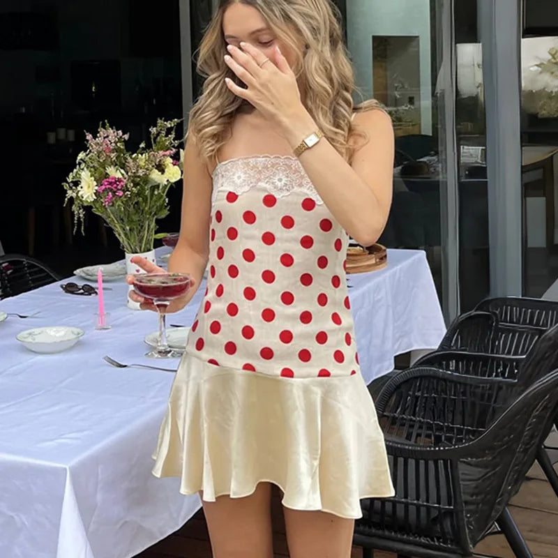 Glorol - Lace Polka Dot Patchwork Backless Mini Dress