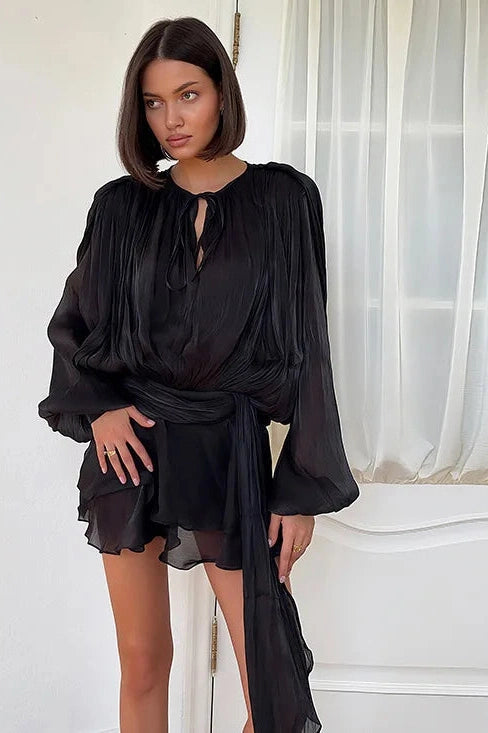 Glorol - Elegant Long Sleeve High Waist Lace-Up Mini Dress