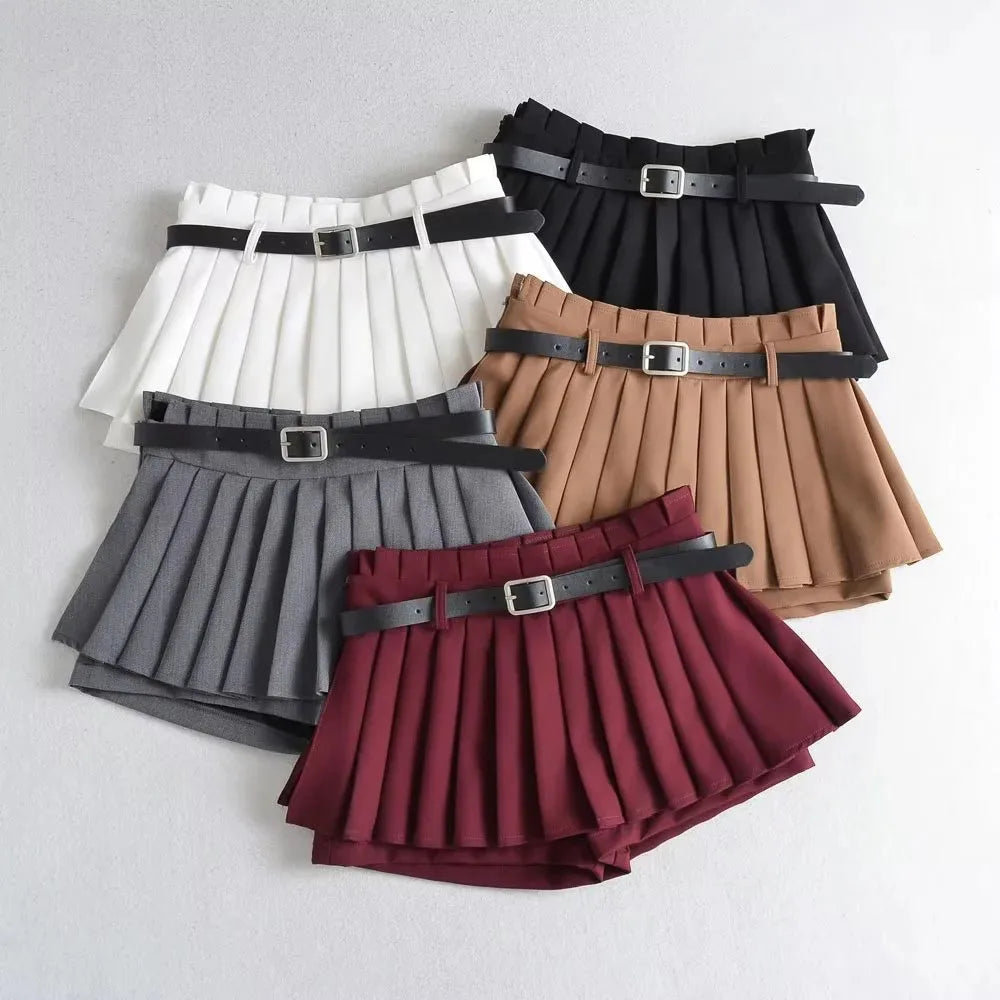 Glorol - Low Waist Pleated Belt Skirt