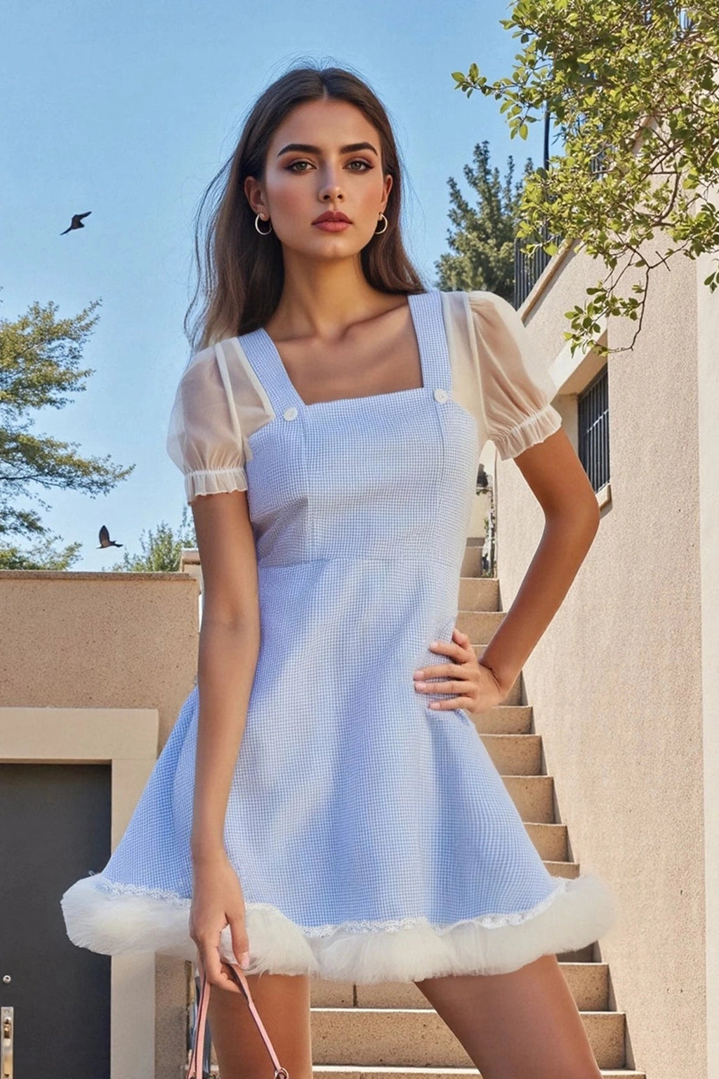 Glorol - Plaid Square Neck Short Sleeve A-Line Mini Dress