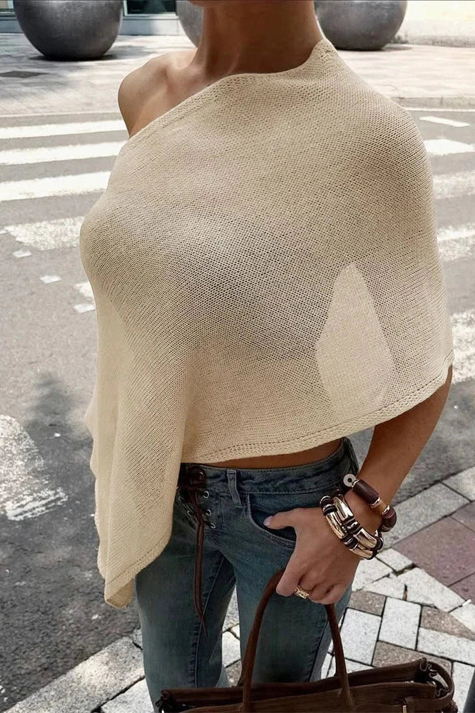 Glorol - See-Through One-Shoulder Patchwork High Waist Top