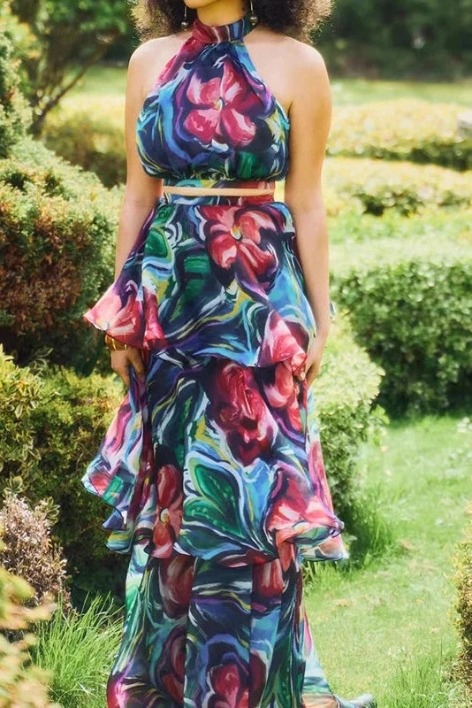 Glorol - Elegant Slim Printed Sleeveless High Waist Maxi Dress
