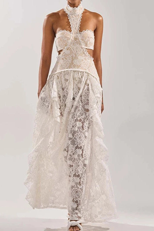 Glorol - Lace Hollow Out Sleeveless High Waist Pleated Maxi Dress