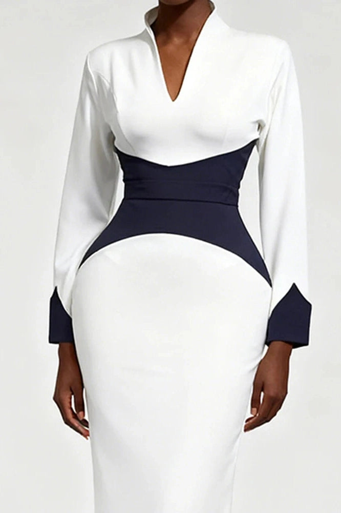 Glorol - Elegant Long Sleeve Bodycon Deep V-Neck Slim Midi Dress
