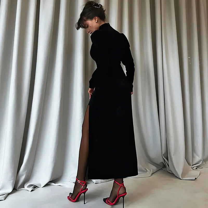 Glorol - Hollow Out Split Long Sleeve Stand Collar Maxi Dress