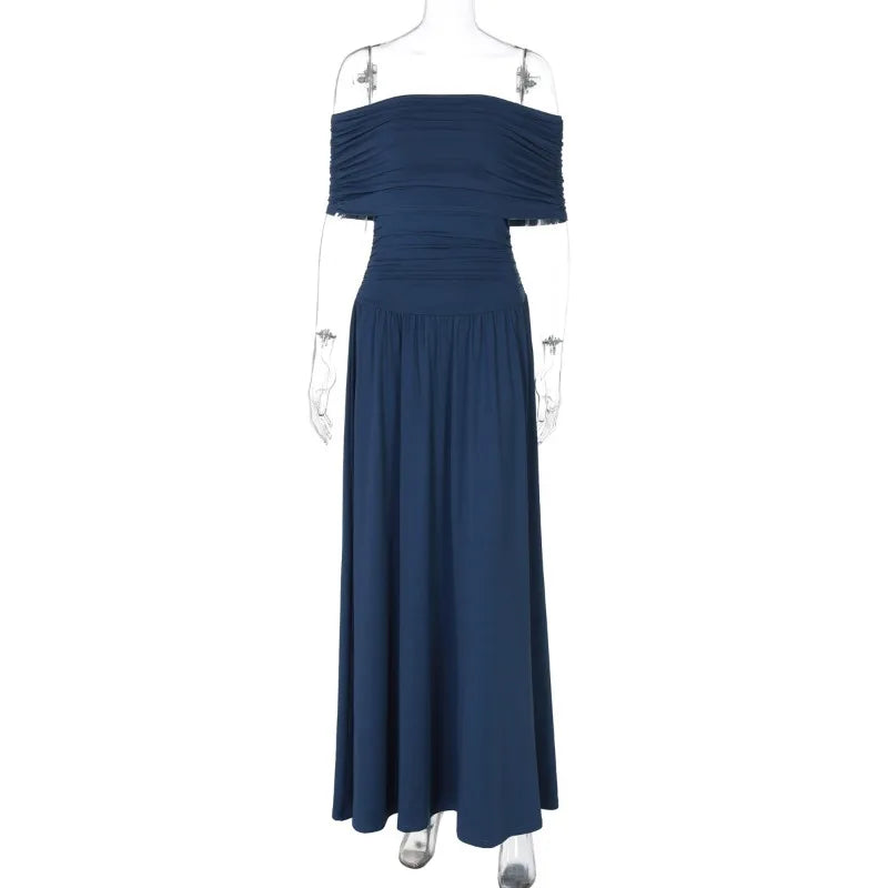 Glorol - Off Shoulder Patchwork Sleeveless Slit Slim Maxi Dress