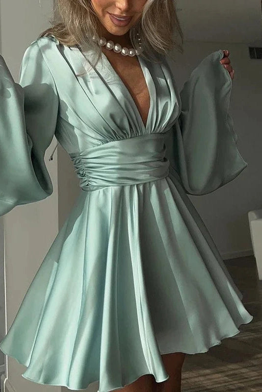 Glorol - Elegant Long Sleeve Deep V Neck High Waist Mini Dress