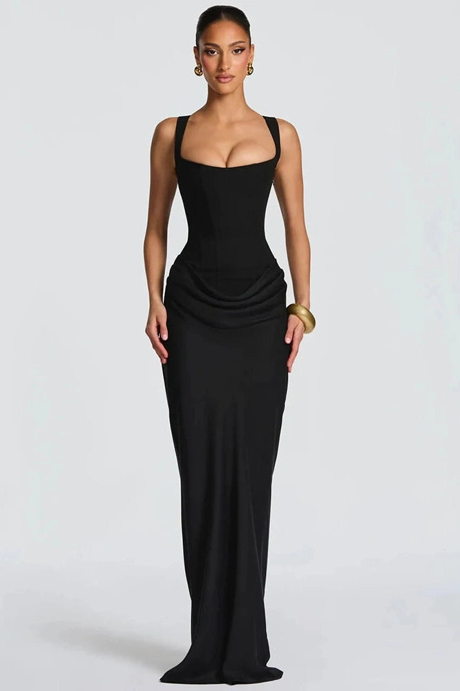 Glorol - Backless Square Collar Straps Sleeveless Bodycon Maxi Dress