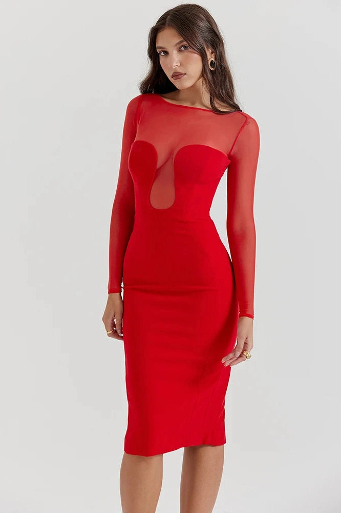 Glorol - Elegant Long Sleeve Strapless Backless Split Bodycon Midi Dress