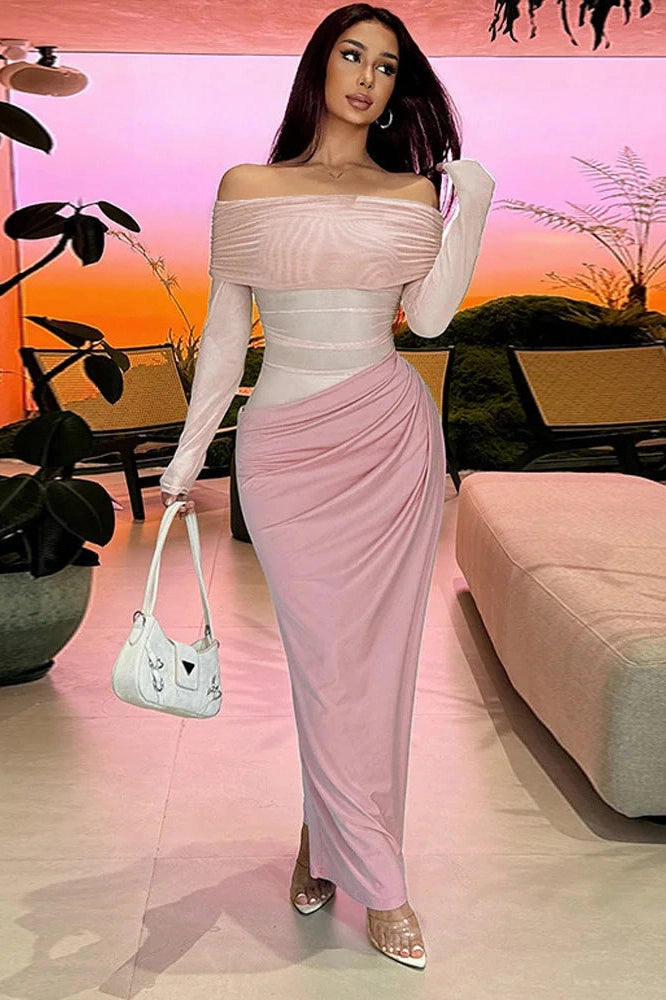 Glorol - See-Through Patchwork Off-Shoulder Long Sleeve Maxi Dress