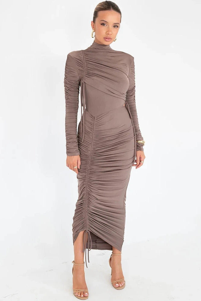Glorol - Long Sleeve Ruched Turtleneck Bodycon Maxi Dress