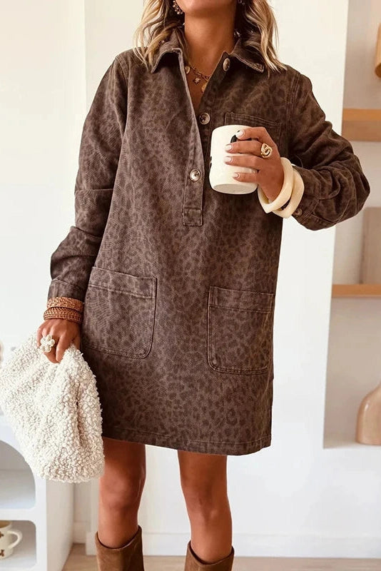 Glorol - Elegant Long Sleeve Pocket High Waist Loose Printed Mini Dress