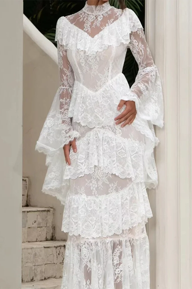 Glorol - Long Sleeve Lace Embroidery High Waist Maxi Dress