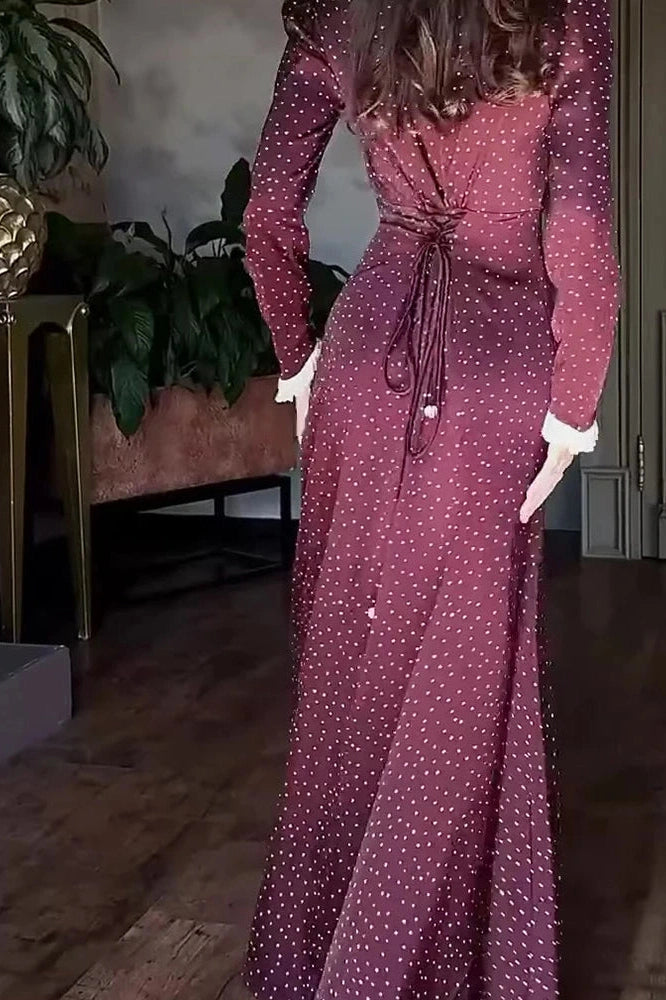 Glorol - Elegant Long Sleeve Slim Lace Up High Waist Pleat Printed Maxi Dress