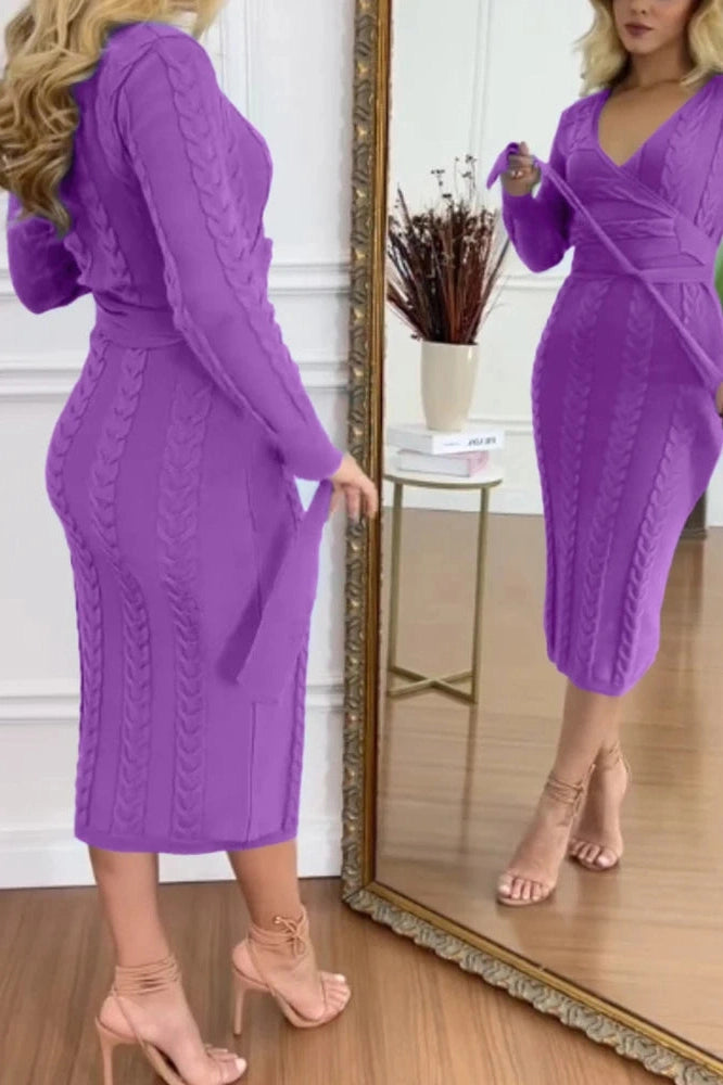 Glorol - Long Sleeve Slim High Waist V-Neck Midi Dress