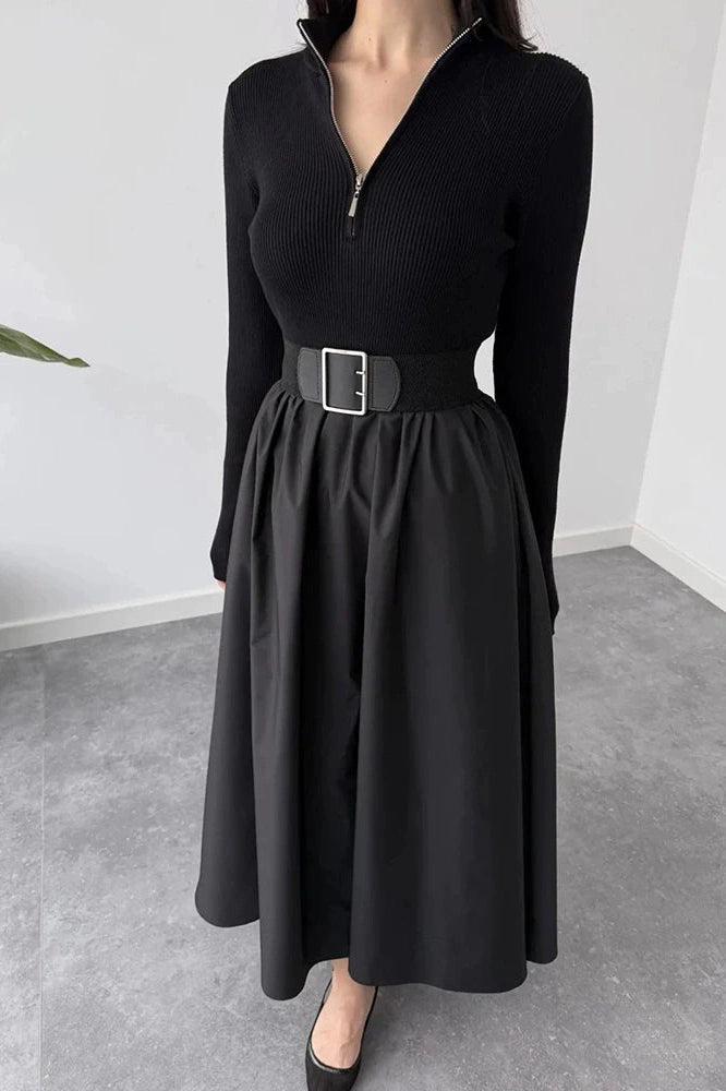 Glorol - Elegant Zipper Pleated Knitted High Waist Maxi Dress