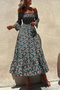 Glorol - Printed Long Sleeve High Waist Pleated Midi Dress
