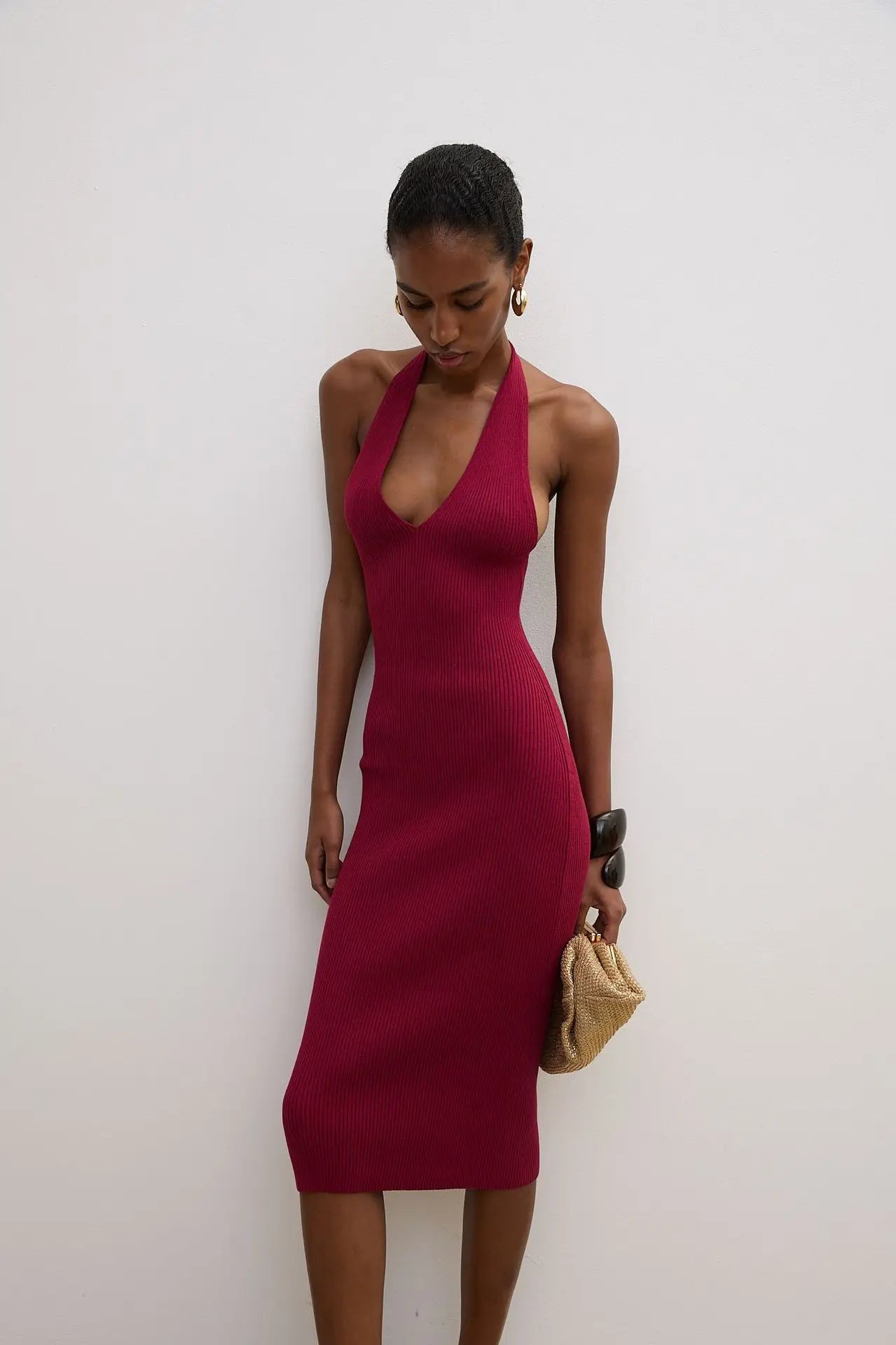 Glorol - Knitted V-Neck Sleeveless Slim Midi Dress