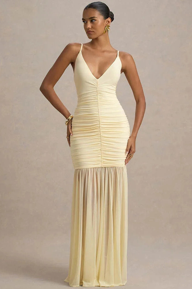 Glorol - Spaghetti Strap Backless Patchwork V Neck Pleated Maxi Dress