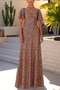 Glorol - Elegant Pleated U Collar Slim High Waist Maxi Dress