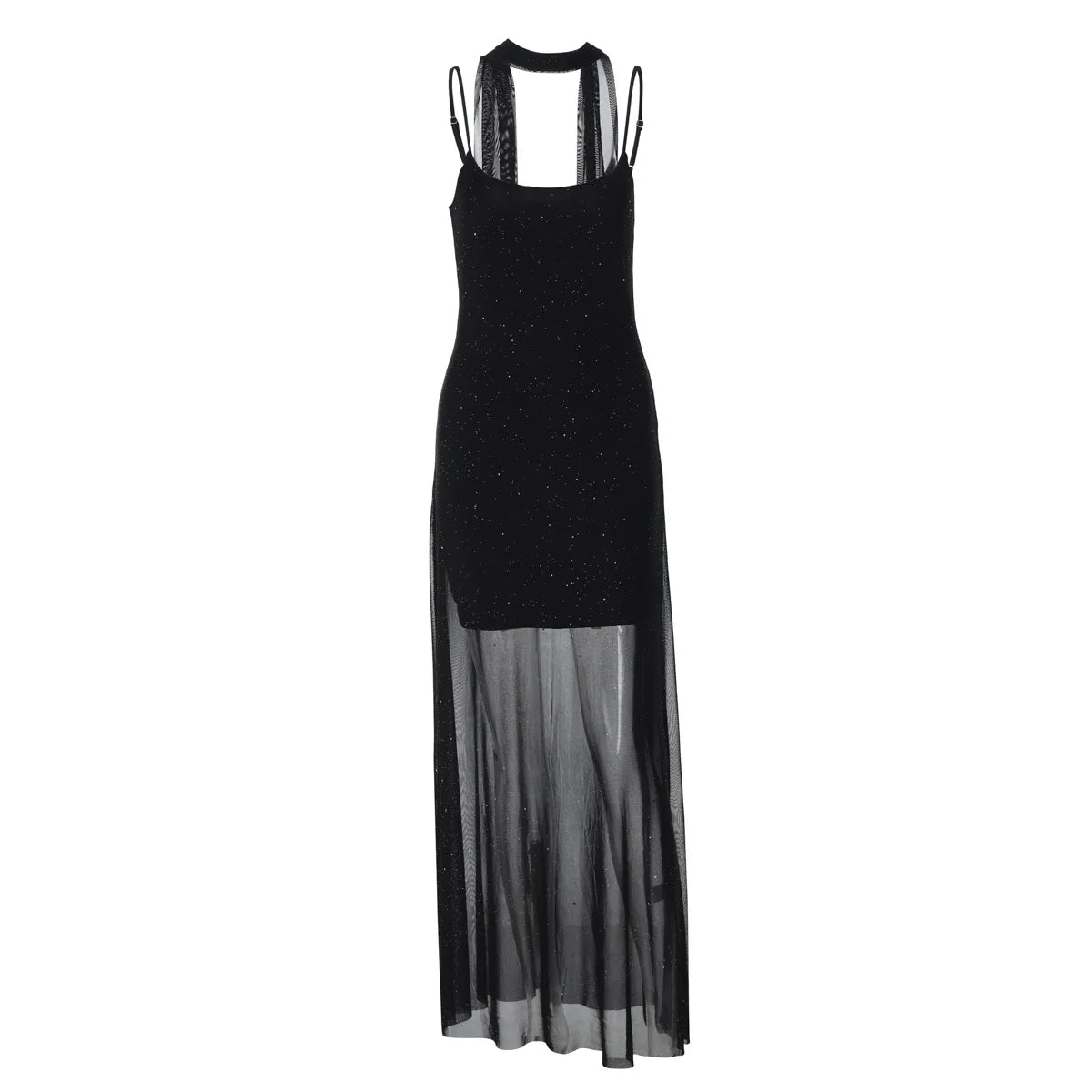 Glorol - Elegant Lace See-Through Mesh Scarf Maxi Dress