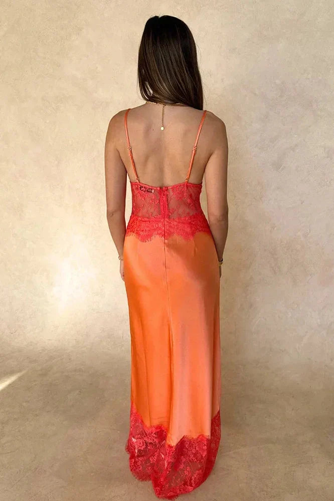 V-Neck Lace Patchwork See-Through Printed Maxi Dress