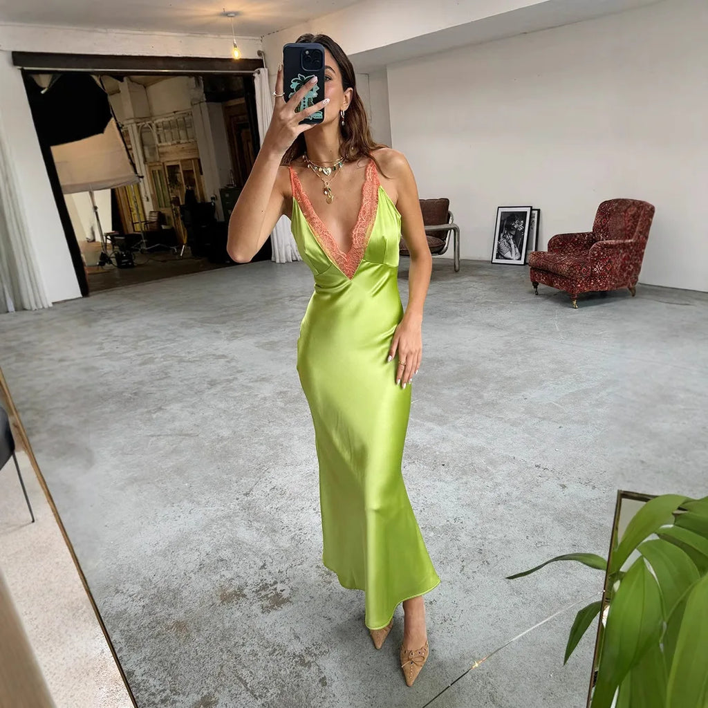 Glorol - Lace Spaghetti Strap Deep V Neck Bodycon Maxi Dress