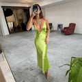 Glorol - Lace Spaghetti Strap Deep V Neck Bodycon Maxi Dress
